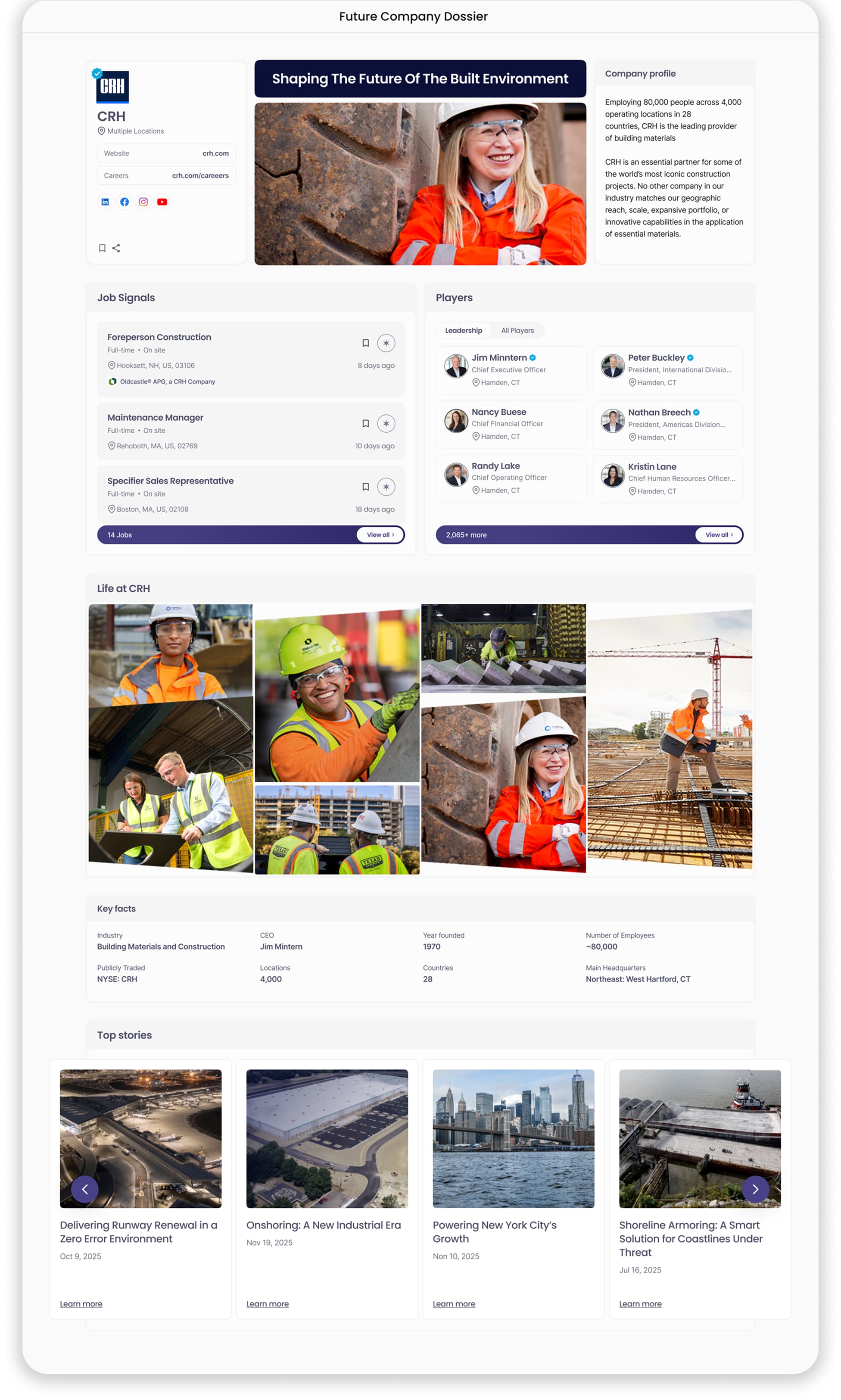 CRH Company Dossier showing job signals, company profile and players